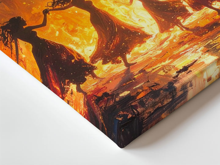 Mystical Ritual Canvas – Female Figures Dancing Around Bonfire in Dark Forest Wall Art - Gifitto