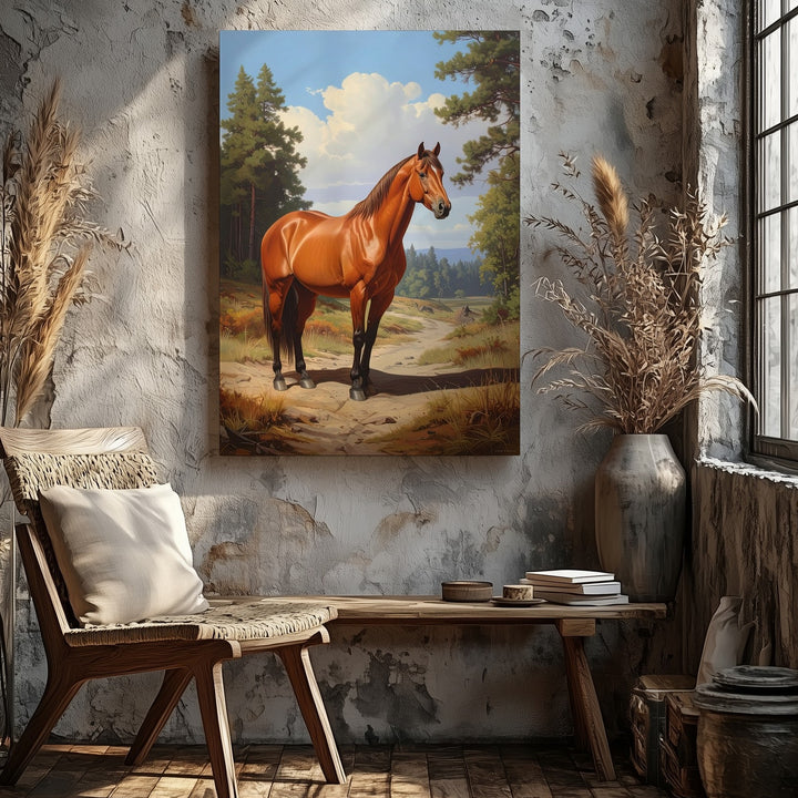 Forest Calm Canvas – Chestnut Horse in Sunlit Woodland Clearing - Gifitto