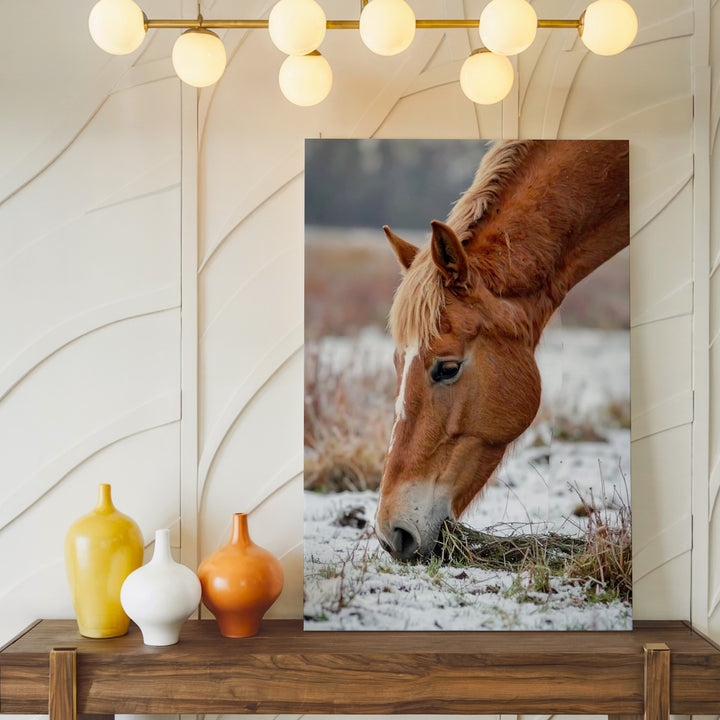 Winter Grace Canvas – Chestnut Horse Grazing in Snow - Gifitto