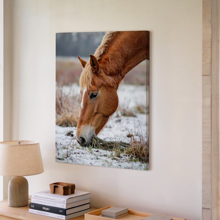 Winter Grace Canvas – Chestnut Horse Grazing in Snow - Gifitto