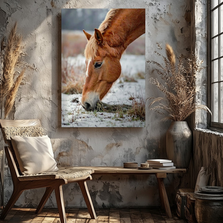 Winter Grace Canvas – Chestnut Horse Grazing in Snow - Gifitto