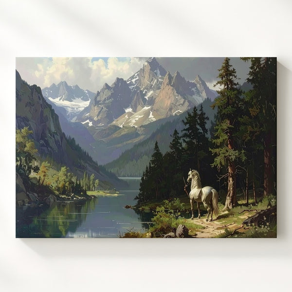 Serene Centaur Canvas – Mythical Mountain Landscape with Tranquil Lake Wall Art - Gifitto