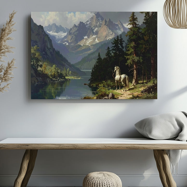 Serene Centaur Canvas – Mythical Mountain Landscape with Tranquil Lake Wall Art - Gifitto