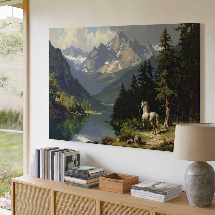 Serene Centaur Canvas – Mythical Mountain Landscape with Tranquil Lake Wall Art - Gifitto