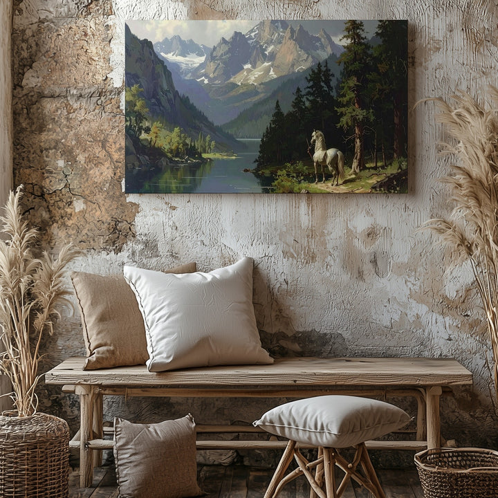 Serene Centaur Canvas – Mythical Mountain Landscape with Tranquil Lake Wall Art - Gifitto