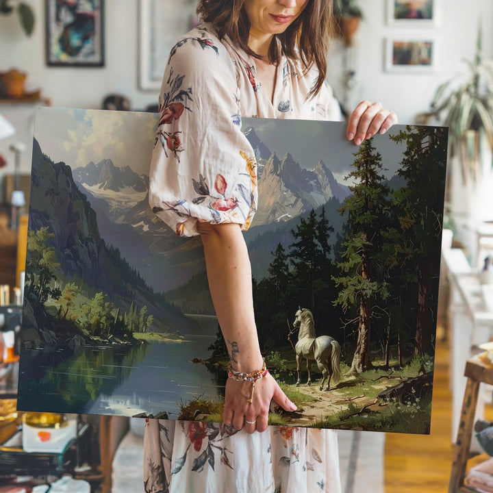 Serene Centaur Canvas – Mythical Mountain Landscape with Tranquil Lake Wall Art - Gifitto
