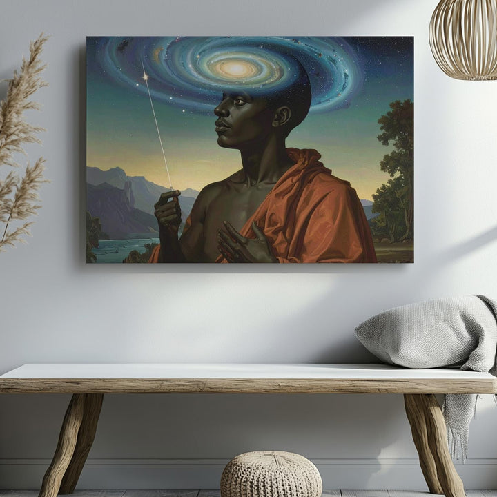 Cosmic Prophet Canvas – Surreal Galaxy-Headed Figure in Spiritual Robe - Gifitto