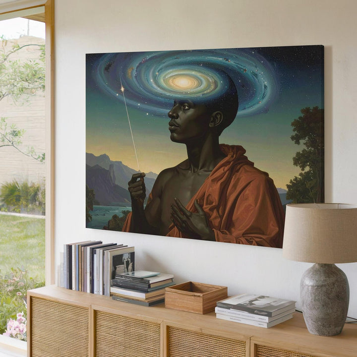 Cosmic Prophet Canvas – Surreal Galaxy-Headed Figure in Spiritual Robe - Gifitto