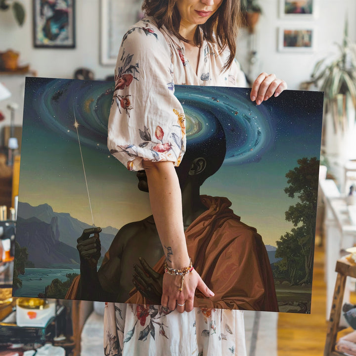 Cosmic Prophet Canvas – Surreal Galaxy-Headed Figure in Spiritual Robe - Gifitto