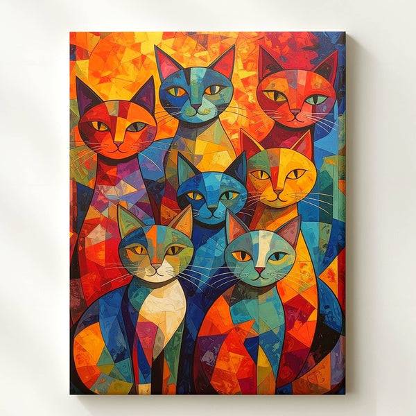 Vertical Cubist Cats Canvas – Colorful Geometric Feline Mosaic Art - Gifitto