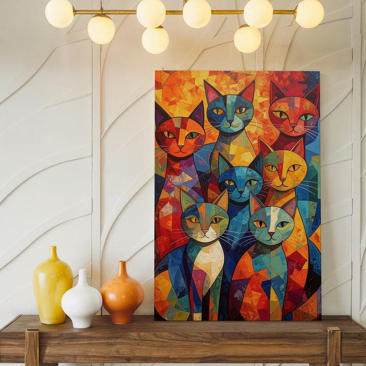 Vertical Cubist Cats Canvas – Colorful Geometric Feline Mosaic Art - Gifitto