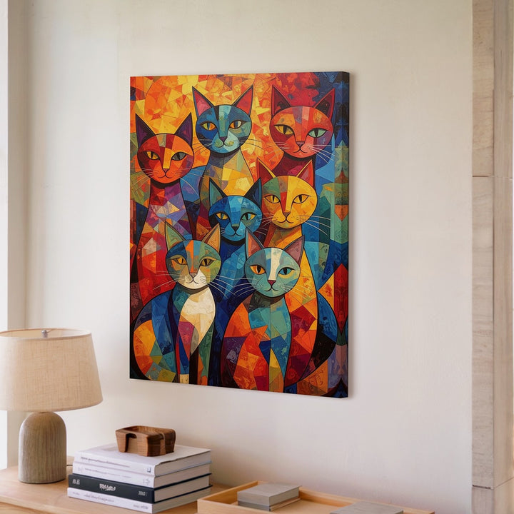 Vertical Cubist Cats Canvas – Colorful Geometric Feline Mosaic Art - Gifitto