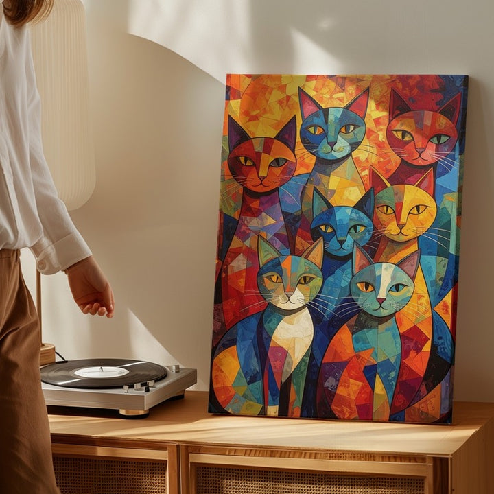 Vertical Cubist Cats Canvas – Colorful Geometric Feline Mosaic Art - Gifitto