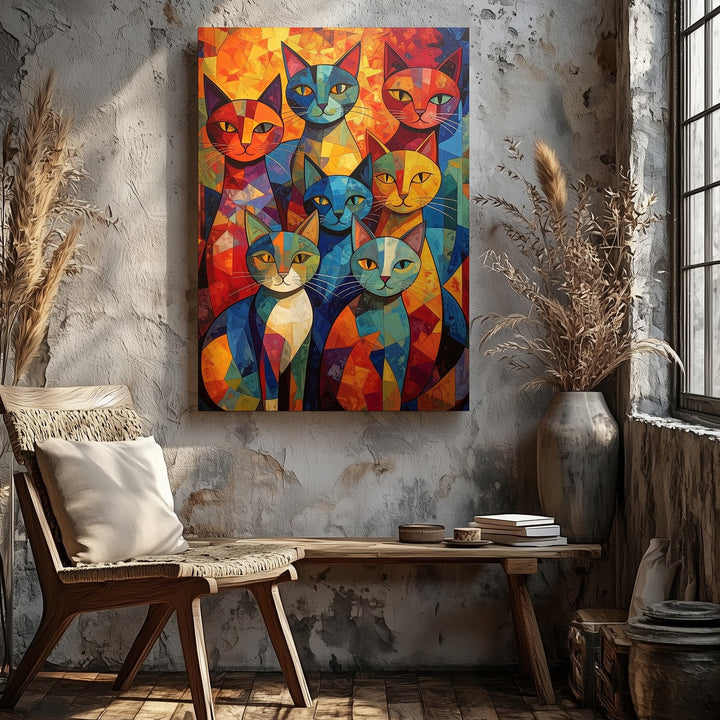 Vertical Cubist Cats Canvas – Colorful Geometric Feline Mosaic Art - Gifitto