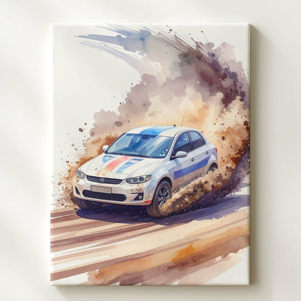 Rally Drift Splash Canvas – Watercolor-Style Hatchback Racing Art - Gifitto