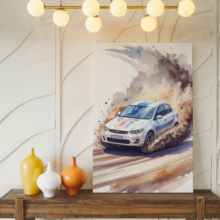 Rally Drift Splash Canvas – Watercolor-Style Hatchback Racing Art - Gifitto