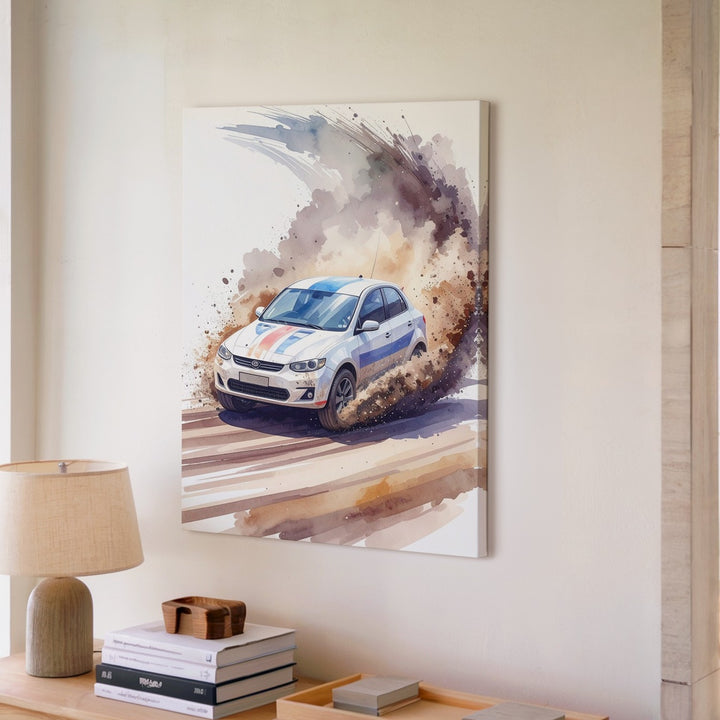 Rally Drift Splash Canvas – Watercolor-Style Hatchback Racing Art - Gifitto