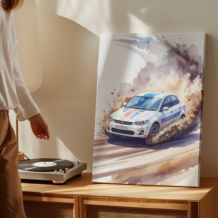 Rally Drift Splash Canvas – Watercolor-Style Hatchback Racing Art - Gifitto