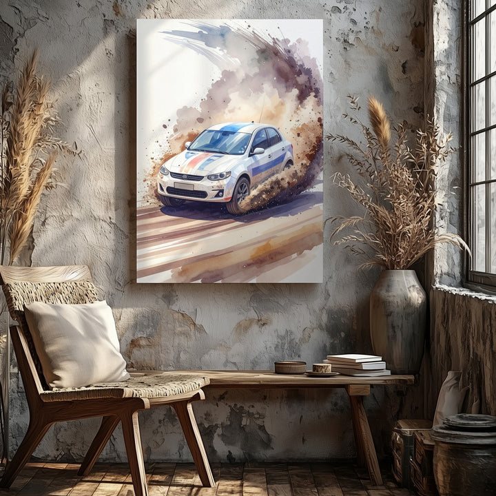 Rally Drift Splash Canvas – Watercolor-Style Hatchback Racing Art - Gifitto