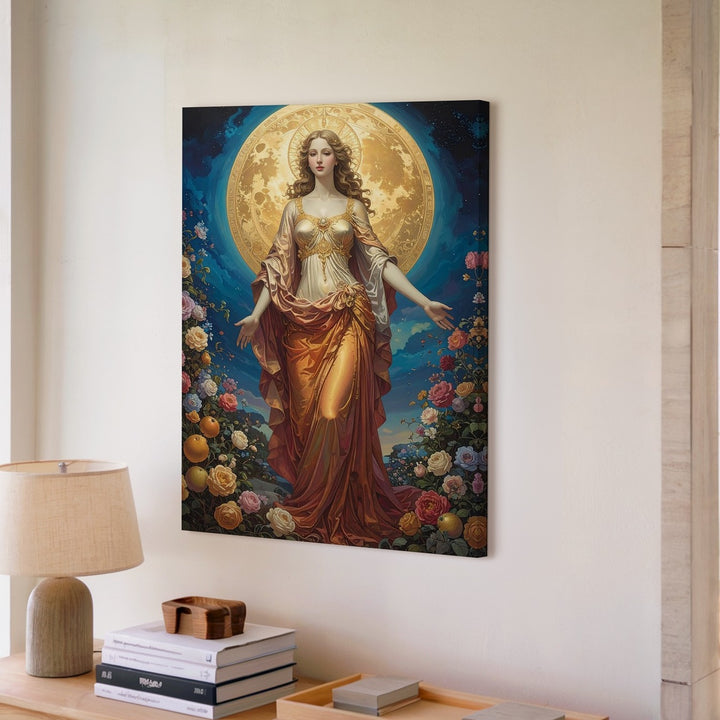 Divine Feminine Radiance Canvas – Ethereal Goddess and Blooming Flora Wall Art - Gifitto