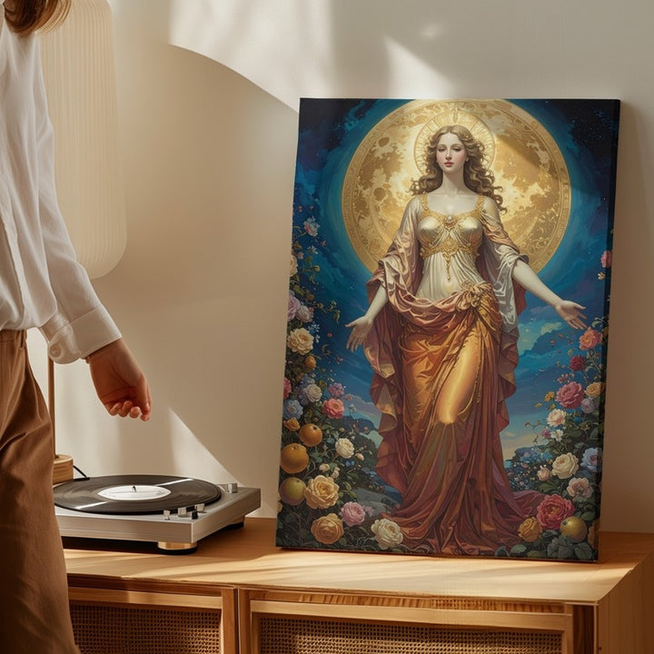 Divine Feminine Radiance Canvas – Ethereal Goddess and Blooming Flora Wall Art - Gifitto