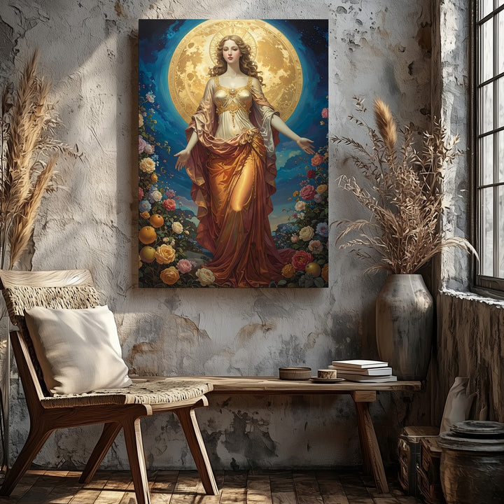 Divine Feminine Radiance Canvas – Ethereal Goddess and Blooming Flora Wall Art - Gifitto