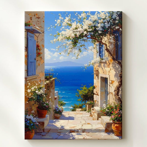 Mediterranean Charm Alleyway Canvas – Coastal Romance and Tranquil Escape Art - Gifitto