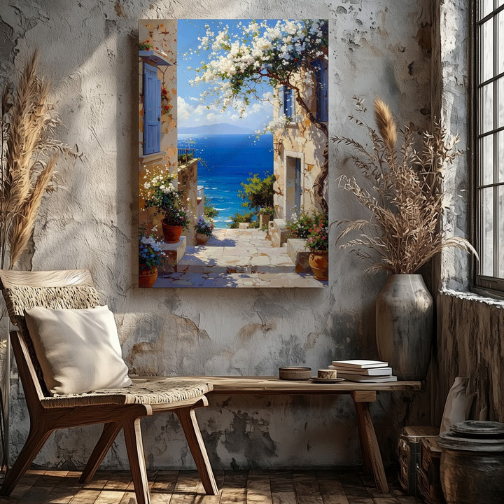 Mediterranean Charm Alleyway Canvas – Coastal Romance and Tranquil Escape Art - Gifitto