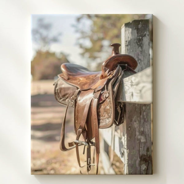 Weathered Saddle Canvas – Rustic Western Gear on Fence - Gifitto
