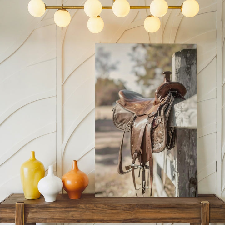 Weathered Saddle Canvas – Rustic Western Gear on Fence - Gifitto
