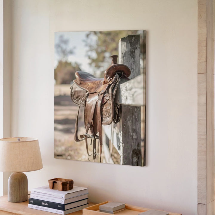 Weathered Saddle Canvas – Rustic Western Gear on Fence - Gifitto