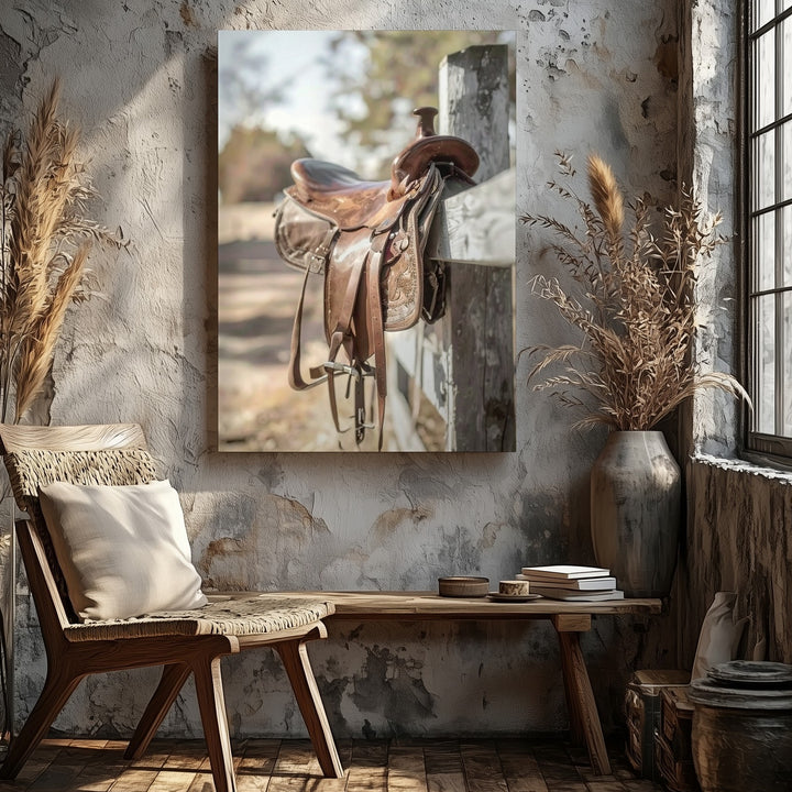 Weathered Saddle Canvas – Rustic Western Gear on Fence - Gifitto