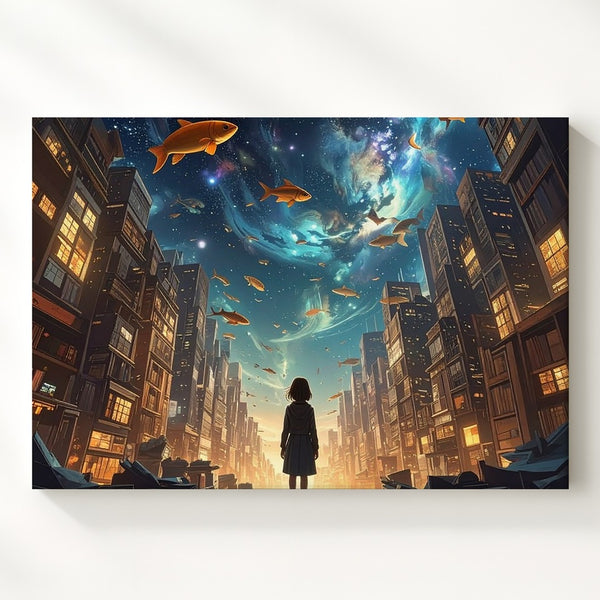 Cosmic Cityscape Canvas – Surreal Urban Scene with Floating Koi and Radiant Skyscrapers Wall Art - Gifitto