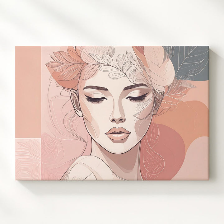 Serene Woman Portrait Canvas – Minimalist Abstract Line Art with Floral Crown - Gifitto