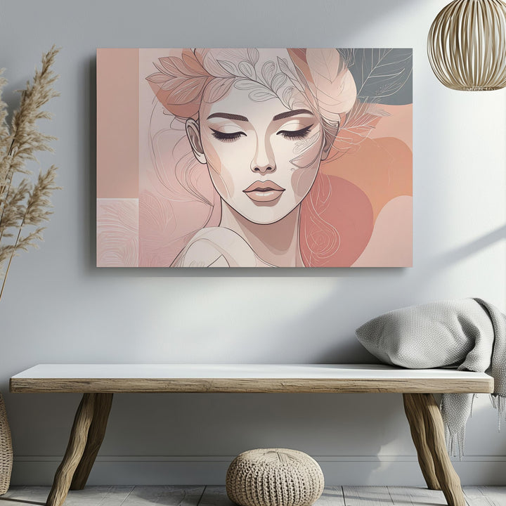 Serene Woman Portrait Canvas – Minimalist Abstract Line Art with Floral Crown - Gifitto