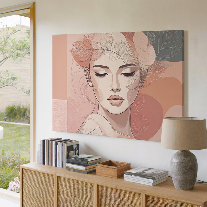 Serene Woman Portrait Canvas – Minimalist Abstract Line Art with Floral Crown - Gifitto