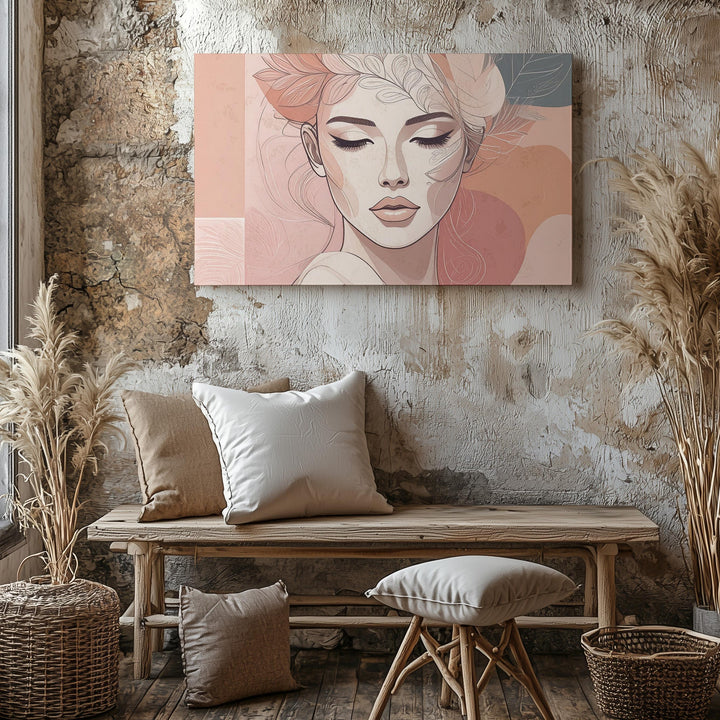 Serene Woman Portrait Canvas – Minimalist Abstract Line Art with Floral Crown - Gifitto