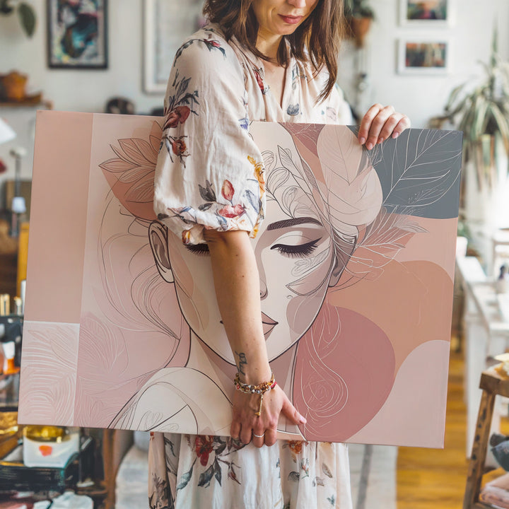 Serene Woman Portrait Canvas – Minimalist Abstract Line Art with Floral Crown - Gifitto