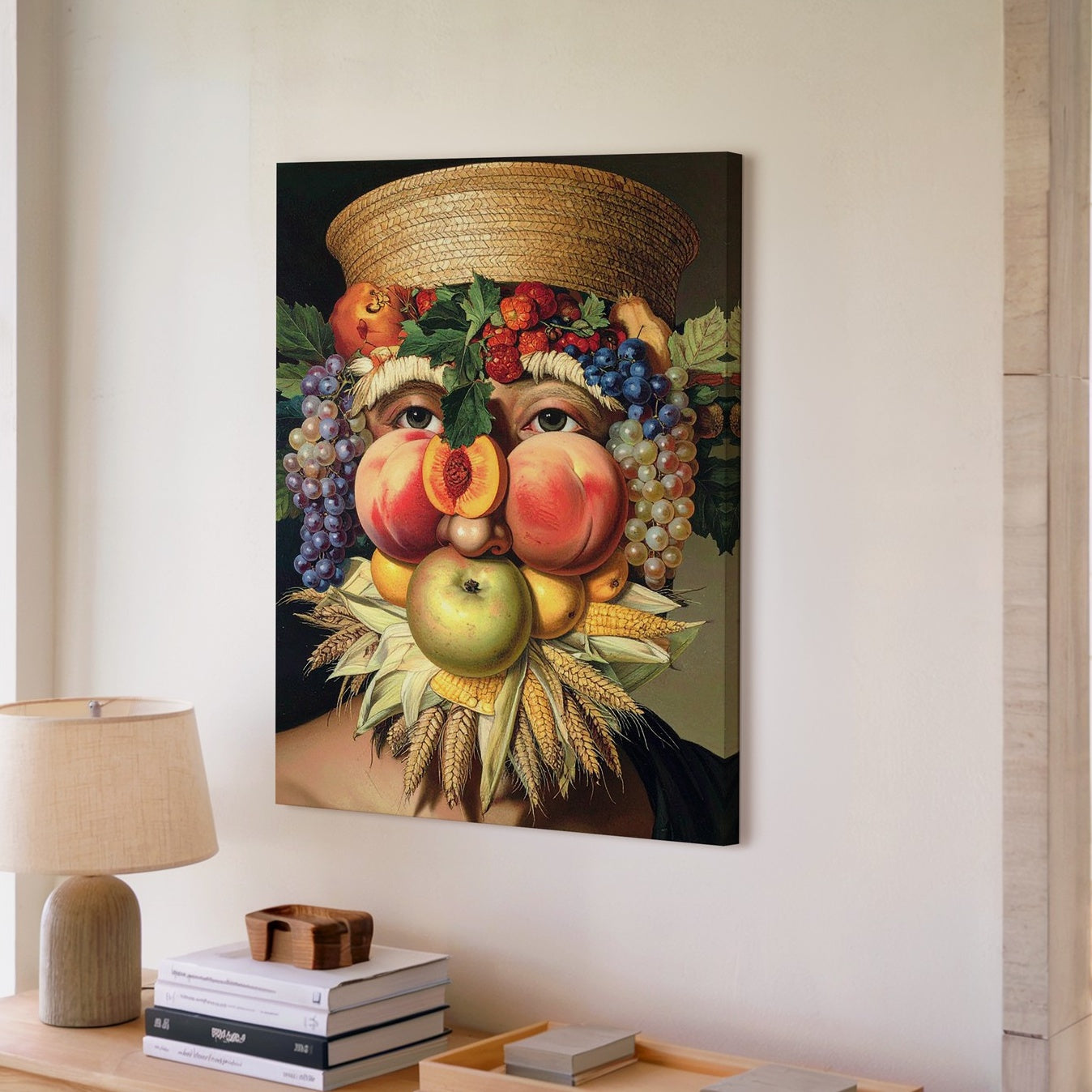 島橋宗文、【Face-牛・果物のある風景】、希少な額装用画集より Arcimboldo-Inspired Fruit Face Canvas – Surreal Anthropomorphic