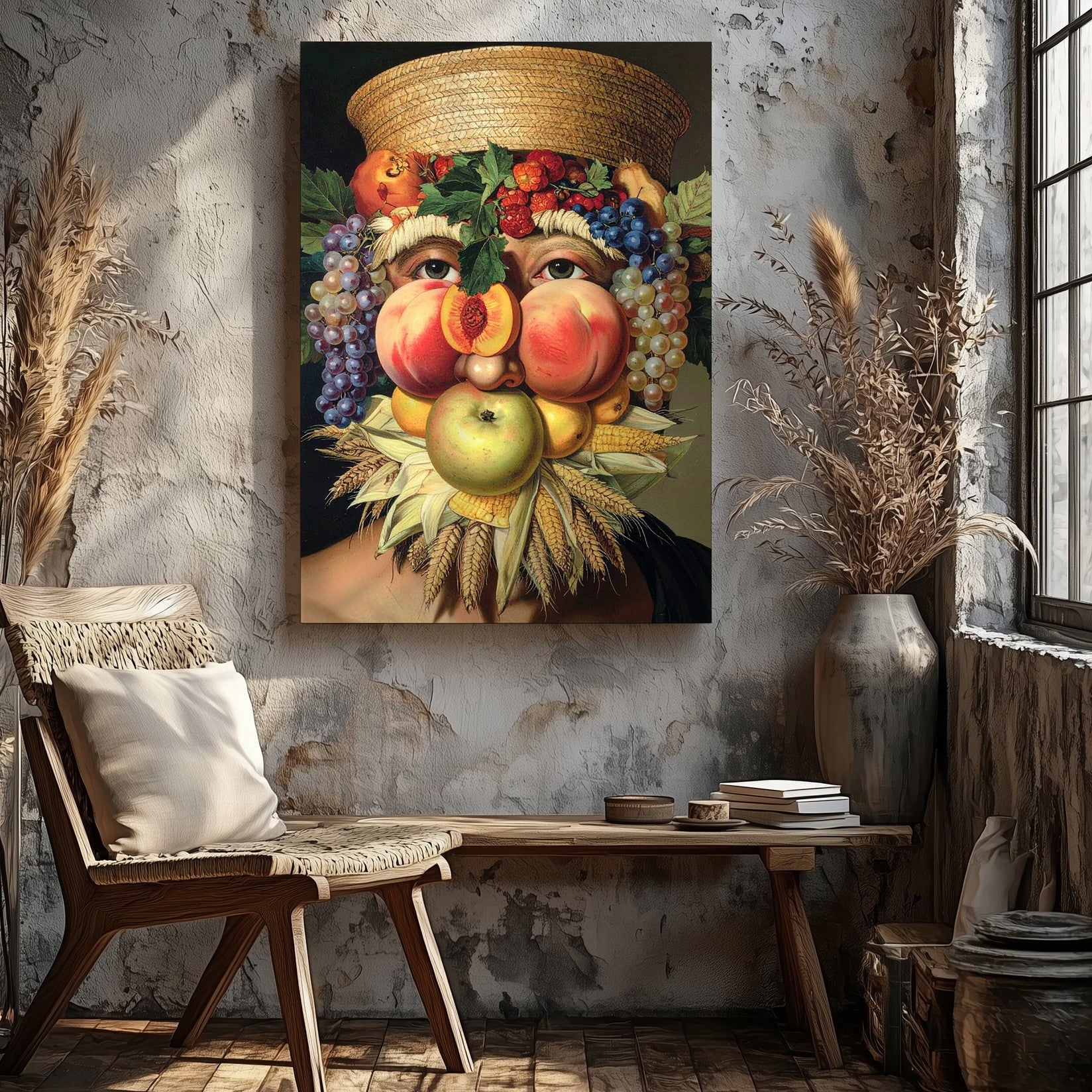 Arcimboldo-Inspired Fruit Face Canvas – Surreal Anthropomorphic
