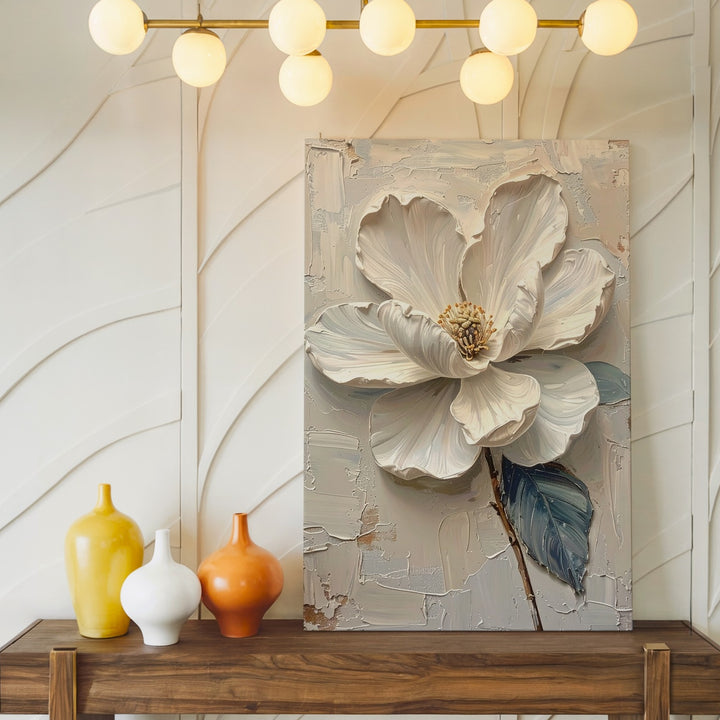 Elegant White Bloom Canvas – Sculptural Flower Art with Soft Metallic Accents - Gifitto