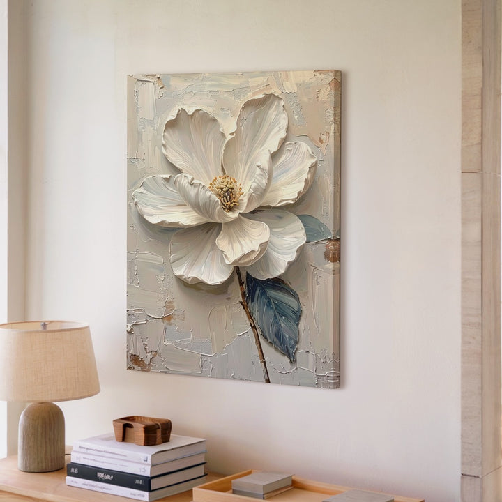 Elegant White Bloom Canvas – Sculptural Flower Art with Soft Metallic Accents - Gifitto