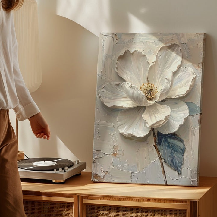 Elegant White Bloom Canvas – Sculptural Flower Art with Soft Metallic Accents - Gifitto