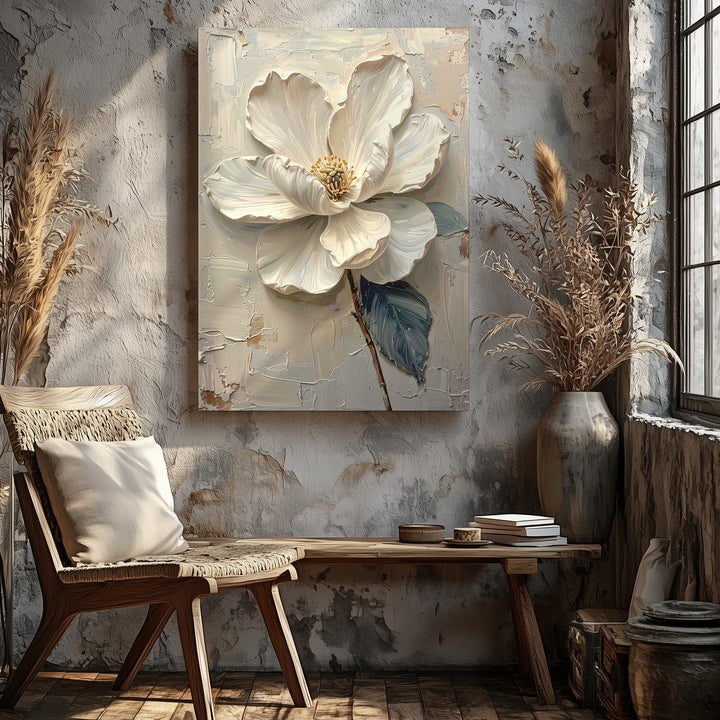 Elegant White Bloom Canvas – Sculptural Flower Art with Soft Metallic Accents - Gifitto