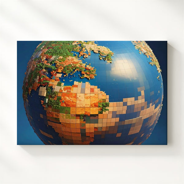Voxel Earth Canvas – Pixelated 3D Globe with Geometric Color Blocks - Gifitto