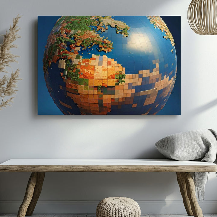 Voxel Earth Canvas – Pixelated 3D Globe with Geometric Color Blocks - Gifitto