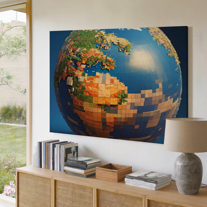 Voxel Earth Canvas – Pixelated 3D Globe with Geometric Color Blocks - Gifitto