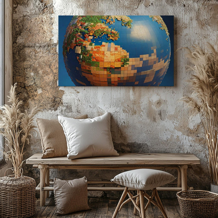 Voxel Earth Canvas – Pixelated 3D Globe with Geometric Color Blocks - Gifitto