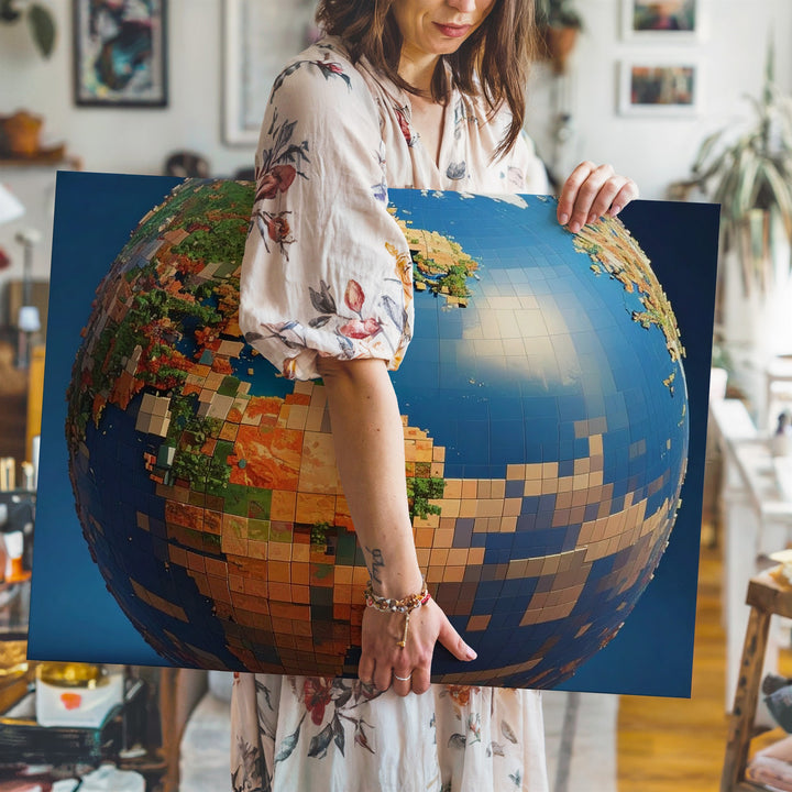 Voxel Earth Canvas – Pixelated 3D Globe with Geometric Color Blocks - Gifitto