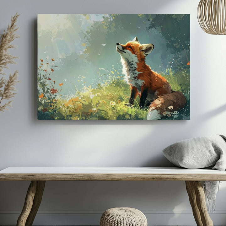 Curious Fox in Meadow Canvas – Whimsical Nature Scene with Morning Light Wall Art - Gifitto